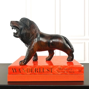 African Large Hand Carved Lion Sculpture, Ebony Wood, Ironwood, Safari Style Decor, Folk Art Carvings, Desk Statue, Gift For Him, Eclectic