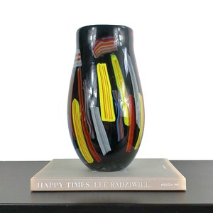 Italian Vintage Large Black Murrine Murano Glass Vase By Michael Patani, Modernist Home Decor, Retro Art Objects, Mod Style Colorful Artwork