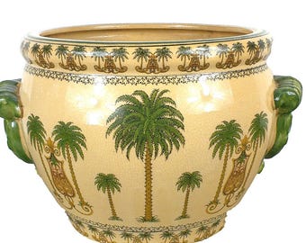 Chinese Vintage Palm Tree Fishbowl Planter, Antique Jardiniere, Grand Millennial Decor, Chinoiserie Chic, Preppy Style, Crackle Glaze, Beige