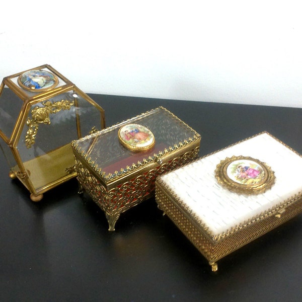 Ormolu Jewelry Caskets, Hollywood Regency, Mid-Century, French Ormolu, Matson, Stylebuilt, Limoges Cameo Boxes, Gilt, Gold, French Brocante