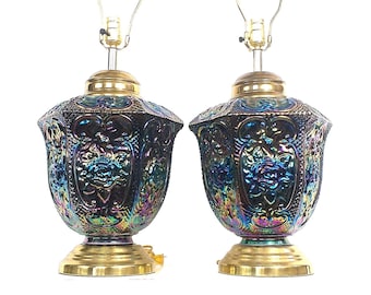 Fenton Style Set of 2 Rose Pattern Carnival Glass 60s Table Lamps, Hollywood Regency Home Decor, Mid-Century Lighting, Pressed Waffle Glass
