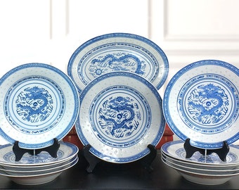 Chinese Vintage 12 Piece Riceware Dinnerware Set, Blue and White China, Chinese Dragon, Chinoiserie Chic Home, Grand Millennial Kitchen,