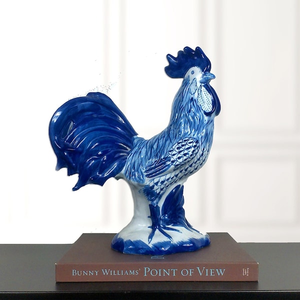 Chinese Blue and White Porcelain Rooster Sculpture, Herend, Vintage Chinoiserie Chic Decor, Grand Millennial, Hamptons Style, Farmhouse Art