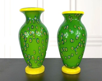 Antique Fratelli Toso Murano Glass Vases, Millefiori Art Deco, Pair