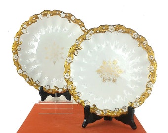 Antique Coalport Bone China Dinner Plates, Davis Collamore, Gilt, Floral, Pair -  Set of 2