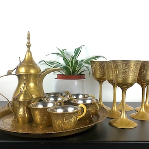 Turkish Islamic Brass Tea Sets, Dallah, Golf Carafe, Full Service Dinner Set 15 Pieces, Middle Eastern Decor, Eid, Arabic Style, Hand Etched