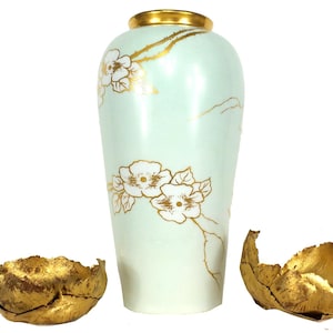 Z. S. & C. Bavaria Royal Vienna Floral Chinoiserie Porcelain Vase, Gilt, Cherry Blossom, Grand Millennial Home Decor, Hand Painted Gold Vase