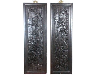 Chinese Antique Pair / Set of 2 Asian Hand Carved Ebonized Wall Panels, Chinoiserie Chic Art, Grand Millennial Home Decor, Asian Hangings