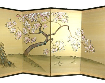 AYA☆ページ Antique Folding Black Lacquered Asian Table Screen, 4 Carved