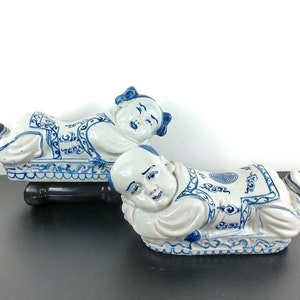 Chinese Blue and White Opium Pillow, Ho Ho Boy, Set of 2 Antique Sculptures, Chinoiserie Chic Decor, Grand Millennial, Entryway Statues, Art