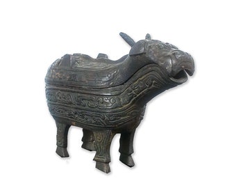 Chinese Export Antique Bronze Shang Dynasty Wine Vessel, Guang, Bull Statue, Lidded Box, Chinoiserie Decor, Bull Statue, Rare Art Objects