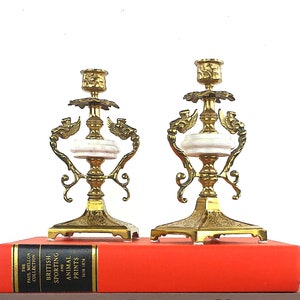 Italian Antique Gold Candlesticks, Set of 2, Pair of Baroque Candle Holders, Ormolu, Gilt, White Carrara Marble, Classical Home, Candelabras