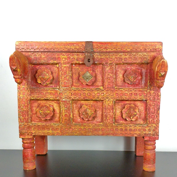 Anglo Indian Antique Red Brass Inlay Wood Trunk, Hindu Wedding Dowry Chest, Unique Storage Box, Hand Carved Horse Furniture, Bohemian Home