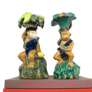 Chinese Set of 2 / Pair of Ceramic Majolica Monkeys, Candlestick Holder Statue, Grand Millennial Home Decor, Chinoiserie Chic, Palm Tree Art
