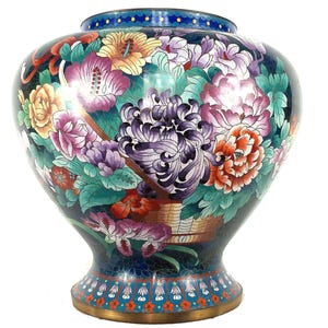 Japanese 18" Teal Floral Cloisonne Planter, Brass Jardiniere, Chinoiserie Decor