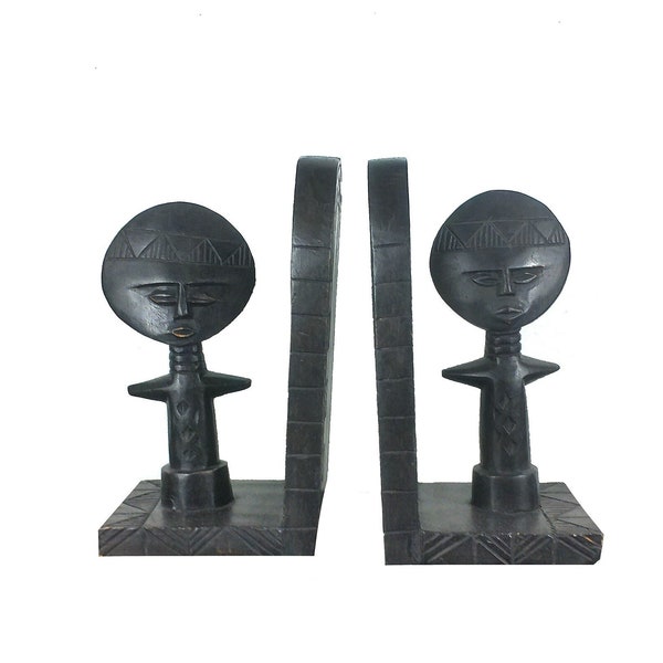 African Vintage Pair / Set of 2 Large Carved Ebony Wood Ashanti Fertility Doll Bookends, Bohemian Home Decor, Tribal Interiors, Unique Art