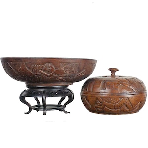 African Vintage Hand Carved Pair / Set of 2 Botswana Wooden Bowls, Unique Storage, Bohemian Home Decor, Tribal Themed Interior Design, MCM