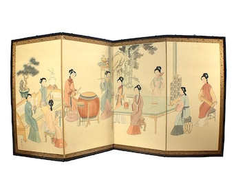 Chinese Vintage Extra Large 4 Panel Hand Painted Silk Folding Screen With Geisha, Chinoiserie Decor, Grand Millennial Home, Room Divider