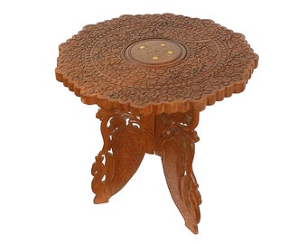 Vintage Hand Carved Wooden & Brass Inlay Tea Table