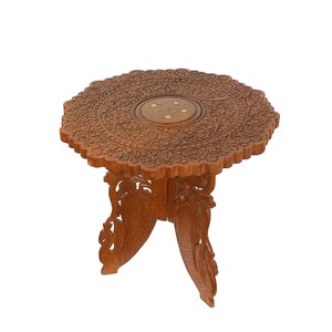 Anglo Indian Hand Carved Wooden Occasional Table, Brass Inlay Furniture, Vintage Bohemian Home Decor, Antique Tea Table, Indian Plant Stands