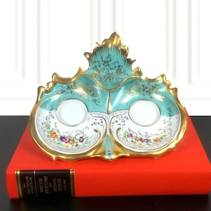 French Antique Jacob Petit Inkwell and Pen Stand, Old Paris Porcelain, Gilt, Ormolu, Victorian Decor, Floral, Teal, Antique Home Decor, Desk