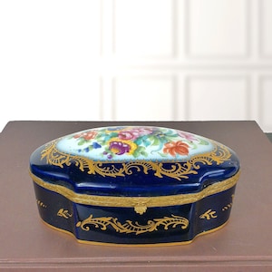 French Antique 18th C. Sevres Cobalt Floral Painted Jewelry Box, Vieux Paris, Victorian Home Decor, Belle Epoch Style, Porcelain Trinket Box