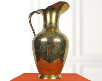 Vintage Etched Brass Ewer, Indian Decor, Water Pitcher, Gold, Gilt, Floral, 11"