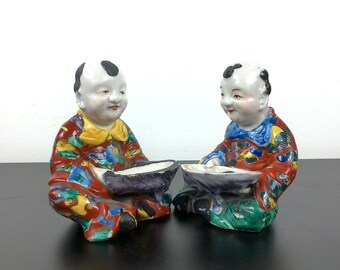 Japanese Antique Set / Pair of Kutani Figurines, Brush Cleaners, Chinoiserie Chic Decor, Grand Millennial, Asian Art Objects, Famille Rose