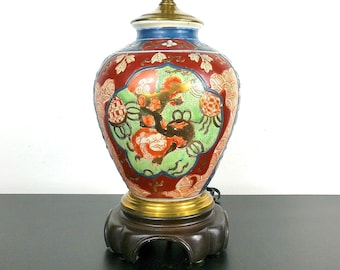 Japanese Antique Kutani Red Ginger Jar Lamp, Vintage Chinoiserie Chic Decor, Grand Millennial Home, Asian Light, Karashishi, Foo Dogs, Gilt