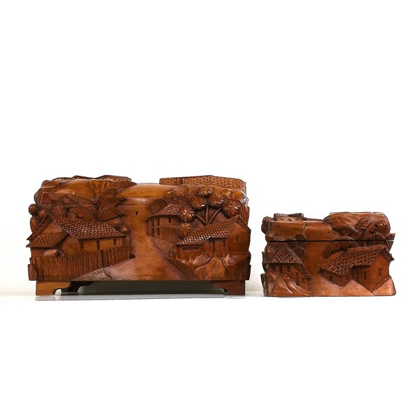 Honduras Hand Carved Sculptural Varnished Wooden Storage Chest, Vintage Latin Home Decor, Jewelry Box, Bohemian Folk Art, 3D Landscape Trunk