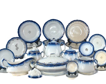 19th Century La Francaise Flow Blue China Set, 39 Piece, Vintage Dinnerware, Semi Vitreous