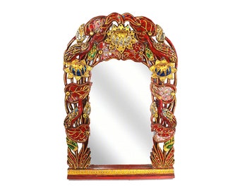 Rajasthani Antique Large Red Jharokha Wall Mirror With Peacocks, Colored Disco Glass, Indian Home Decor, Ornate Bedroom Mirror, Maximalism