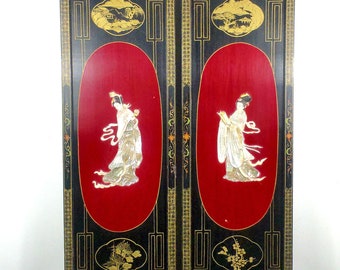 Chinese Antique Wall Panels, Mother of Pearl Inlay, Grand Millennial Decor, Chinoiserie Chic Wall Art, Lacquer, Asian Painting, Oriental Art