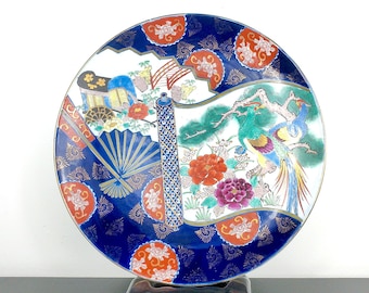 Japanese Large Imari Blue Aritaware Decorative Plate, Meiji Era Antiques, Vintage Chinoiserie Chic, Grand Millennial Home Decor, Asian Art