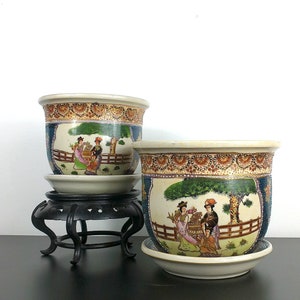 Japanese Antique Set / Pair of Royal Satsuma Moriage Fishbowl Planters, Chinoiserie Chic, Grand Millennial Home Decor, Geisha, Jardinieres