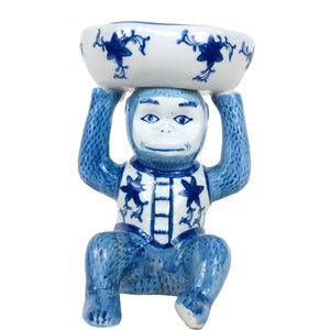Chinese Export Vintage Blue and White Monkey Candy Dish Figurine, Grand Millennial Home Decor, Chinoiserie Chic Interior, Kitsch, Maximalist