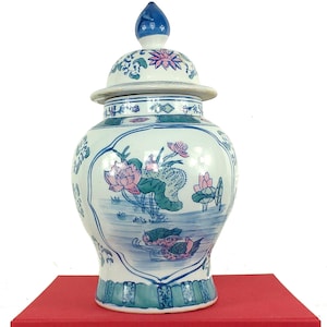 Chinese Large Vintage Ceramic Blue & Pink Floral Ginger Jar, Chinoiserie Bird Decor, Grand Millennial Home, Hamptons Style, Asian Table Vase