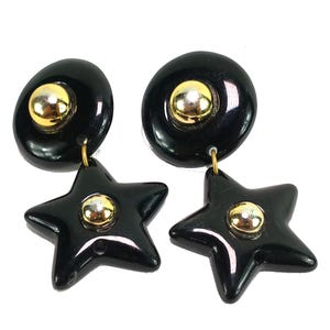 1980s Vintage Large Black Resin & Gold Star Dangle Runway Clip-On Earrings, Drag, Statement, Maximalist Style, Celestial Jewelry, Designer