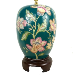 Heyward House Vintage Chinese Famille Verte Ceramic Table Lamp, Grand Millennial Home Decor, Floral Print, Chinoiserie Lighting, Green Lamps