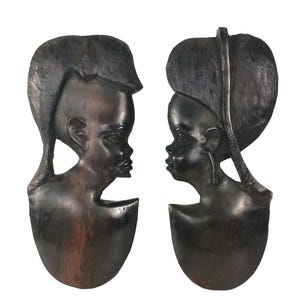 African Vintage Pair / Set of 2 Tanzanian Ebony Wood Portrait Wall Panels, Bohemian Decor, African American Wall Art, Mid-Century, Eclectic