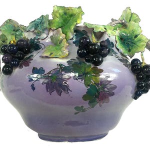 French 18th C. Large Antique Barbotine Vase With Applied Grapes, Purple Planter, Jardiniere, Old Paris, Majolica Ceramics, Art Nouveau Decor