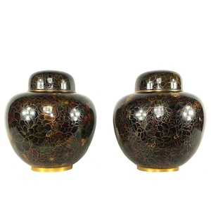 Japanese Antique Pair / Set of 2 Large Brown & Gold Floral Cloisonne Ginger Jars, Chinoiserie Chic Vases, Grand Millennial Home Decor, Meiji