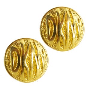Donna Karan DKNY Rare RTW Gold Clip-On Earrings With Logo, 80s Designer Vintage, Gilt, Maximalist Style,  Runway Costume Jewelry, Estate,