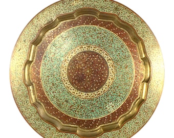 Vintage 25" Persian Brass Tray, Red & Teal Floral Etched Plate, Cloisonne Style