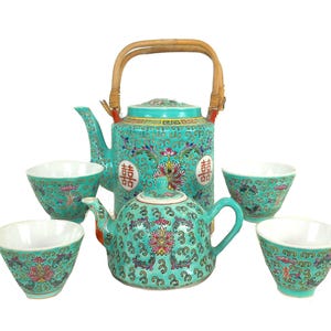 Chinese Turquoise Mun Shou Tea Set, Famille Rose Cantonware, Service For 4