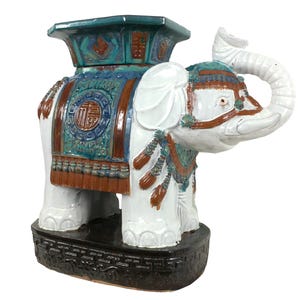 Vietnamese Antique Teal & Brown Ceramic Elephant End Table, Hollywood Regency, Grand Millennial Home Decor, Garden Stool, Chinoiserie Chic