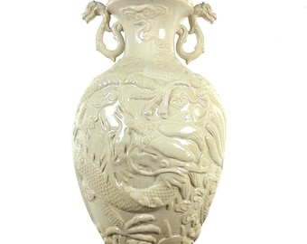Chinese 18" Beige Dragon Stoneware Vase, Grand Millennial Home Decor, Contemporary, Chinoiserie Chic
