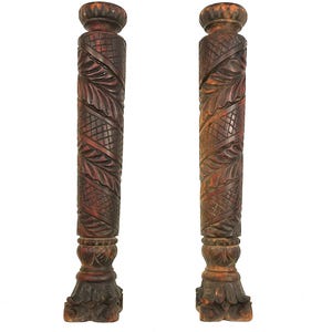 Belgian Pair / Set of 2 Hand Carved Mahogany Columns, Rustic Decor, Architectural Salvage, Wooden Trim, Grand Millennial, Decorative Pillars