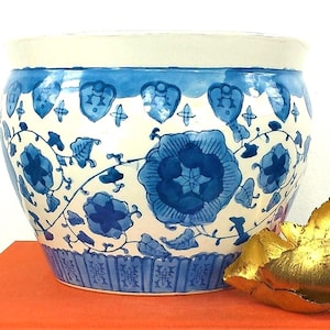 Chinese Blue & White Ceramic Floral Fishbowl Planter, Jardiniere, Chinoiserie Chic, Grand Millennial Home Decor, Cache Pot, Preppy Style