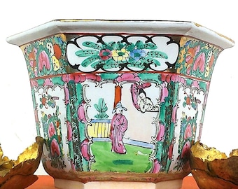 Antique Hexagonal Famille Rose Planter, Asian Pot, Chinoiserie, Jardiniere, Grand Millennial, 6"